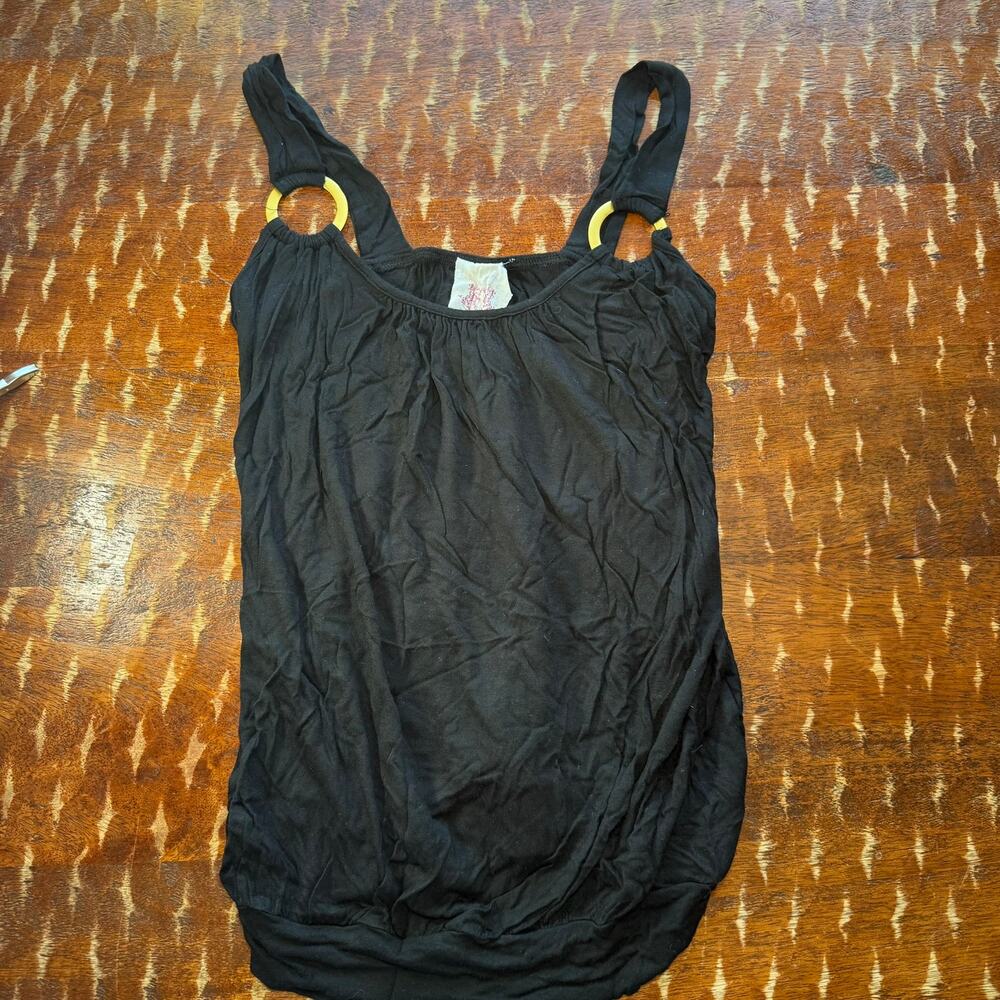 Robin K Tank Top O Ring Bubble Hem Y2K Womens Size Medium Black Sleeveless Shirt
